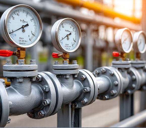 industrial pipeline with pressure gauges showcasing 5 units of measurement and operational efficiency
